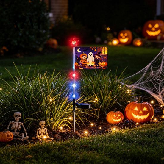 Outdoor Halloween Solar Stake Lights Garden Light, Pumpkin Ghost Cartoon Yard Sign Starlight String Stakes for Events with LED Fairy Lights,