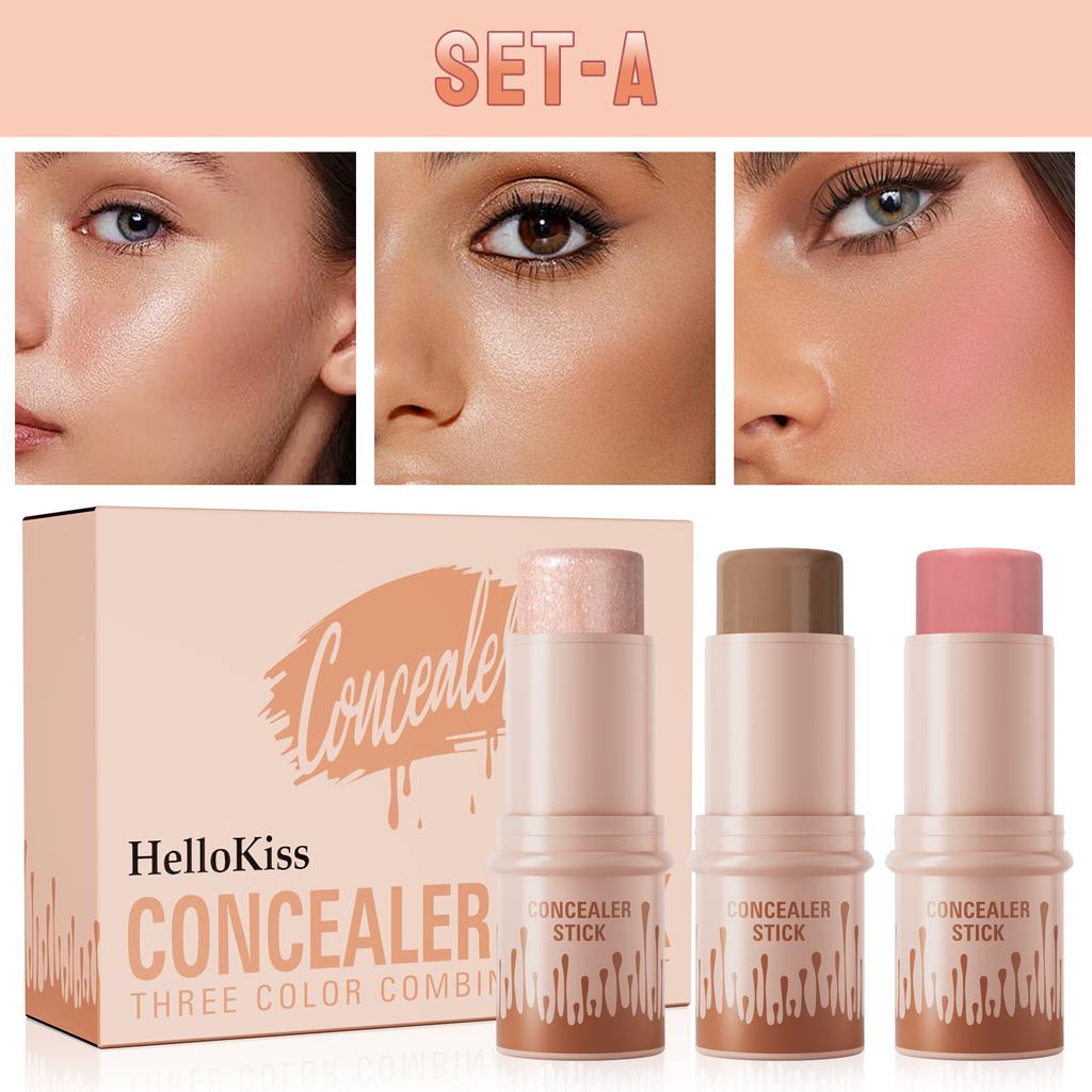 3pcs Contouring Stick Set Face Contour Stick Shadow Stick Blush Stick 3-in-1 Perfect Concealer Stick Full Coverage Breathable and Light