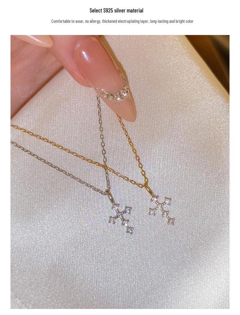 925 Sterling Silver Cross Choker Necklace with Diamonds for Women – High-End, Trendy, Versatile, and Stylish.