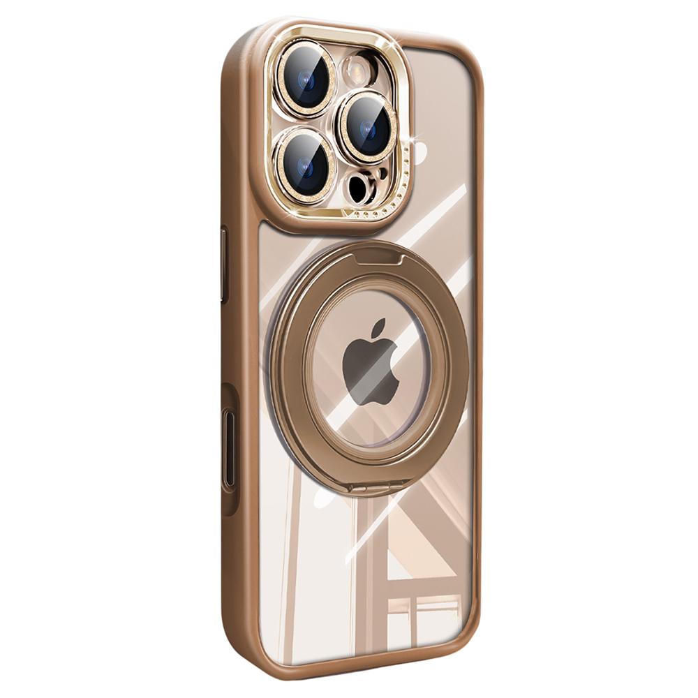 For iPhone 16 Pro Case Magnetic Rotating Kickstand PC+TPU Phone Cover with Glitter Camera Lens Film