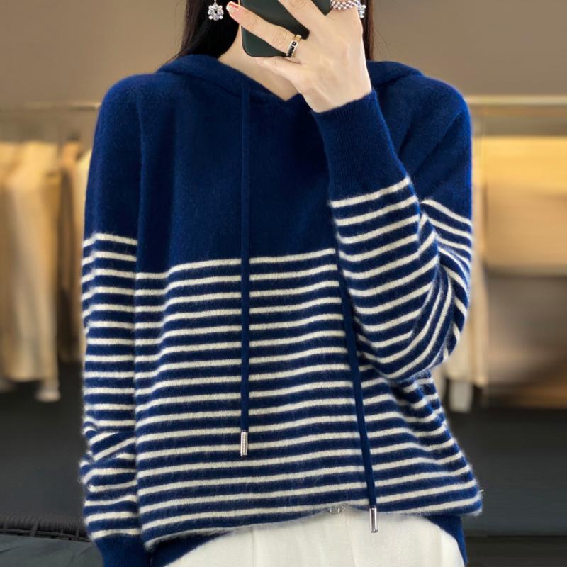 New Autumn and Winter Striped Wool Hoodie for Women Classic Versatile Cashmere Knitted Hoodie Sweatshirt Fashionable Warm Top
