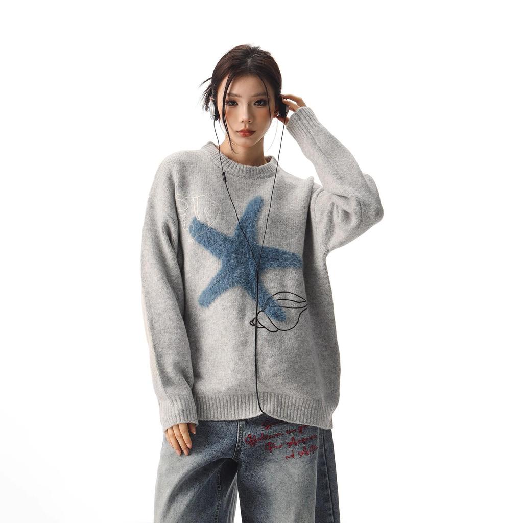 CTB Ретро Свитер Звезда и Пиво с Морской Звездой - Унисекс Свободный Крой с Вышивкой Ракушек для Осени/Зимы