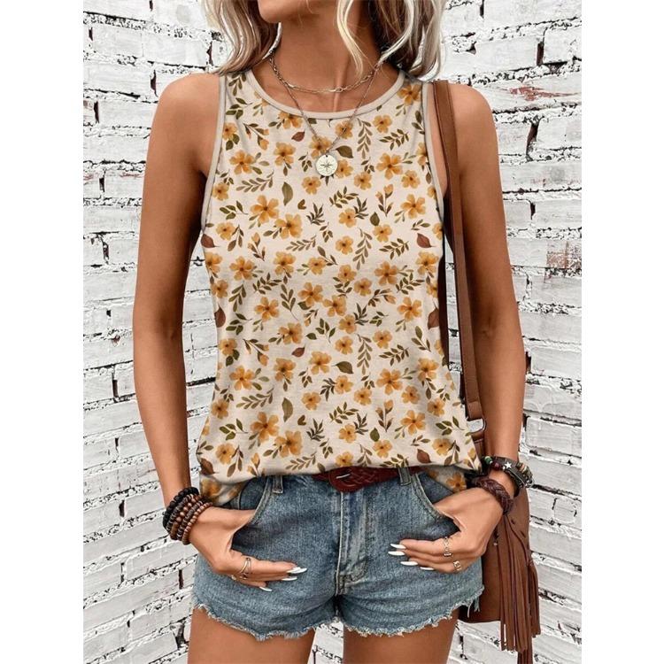 Flower Pattern 3D Print Women's Tank Tops Summer O-Neck Casual Vest Off Shoulder Sleeveless Top