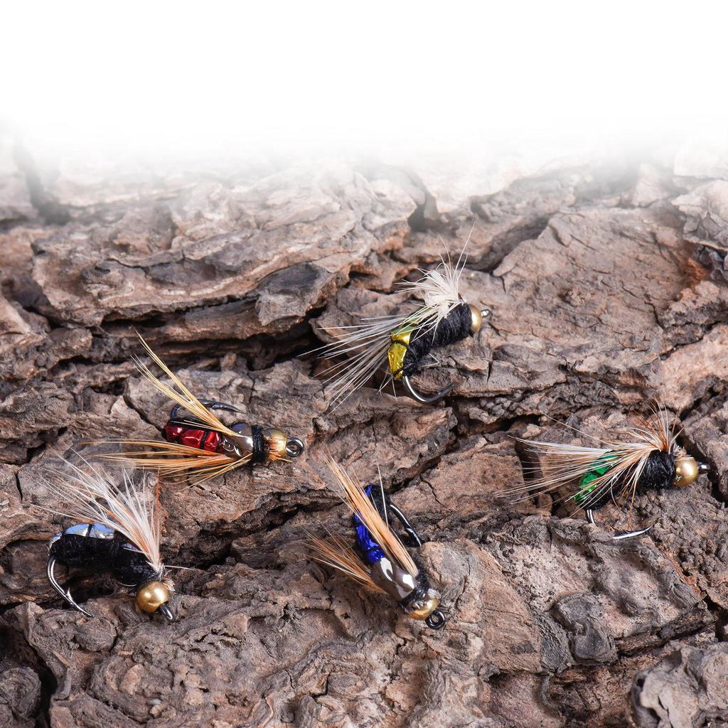 50 шт./кор., 5 цветов, ручная бионика, мушки для ловли нахлыстом для ручной ловли форели, окуня с натуральными перьями, ассортимент для ловли нахлыстом