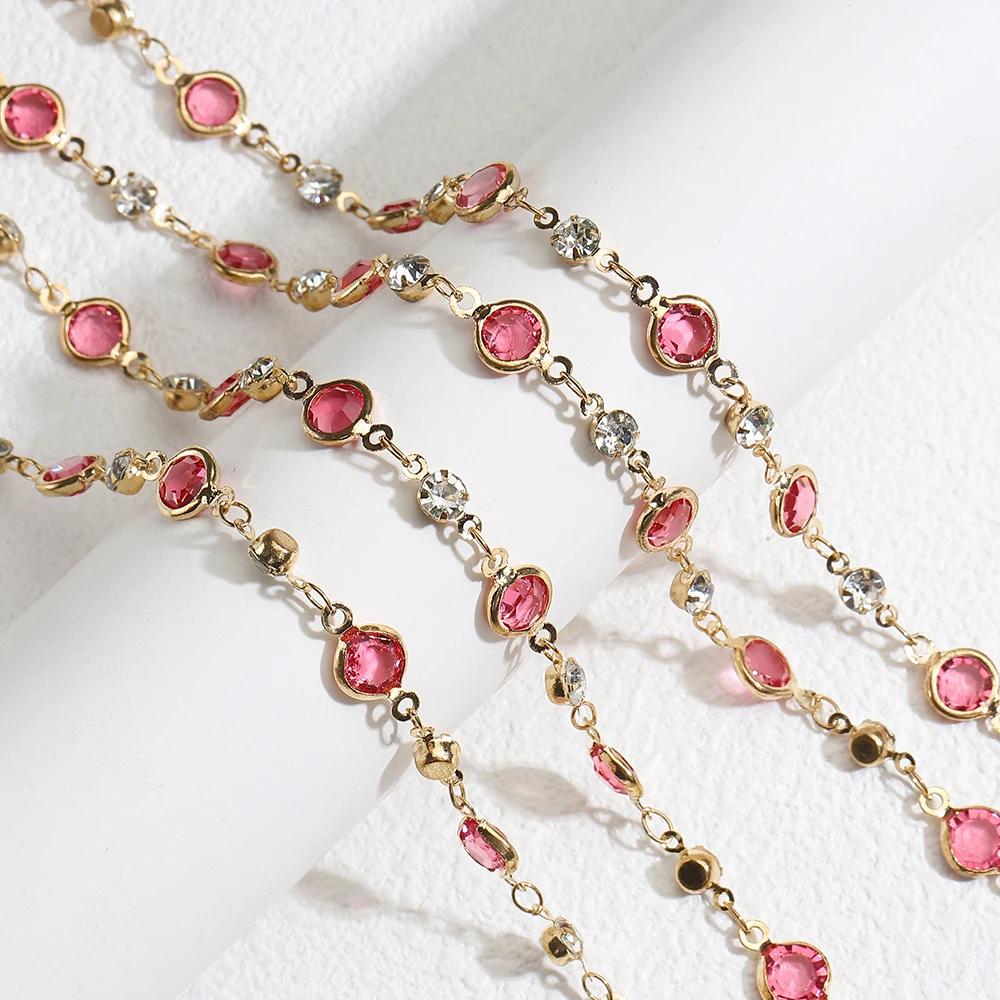 0.5M 1M 2M Pink Round Crystal Glass Beaded Bracelet Necklace Copper Chains Clothing Supplies for Jewelry Making DIY Materials