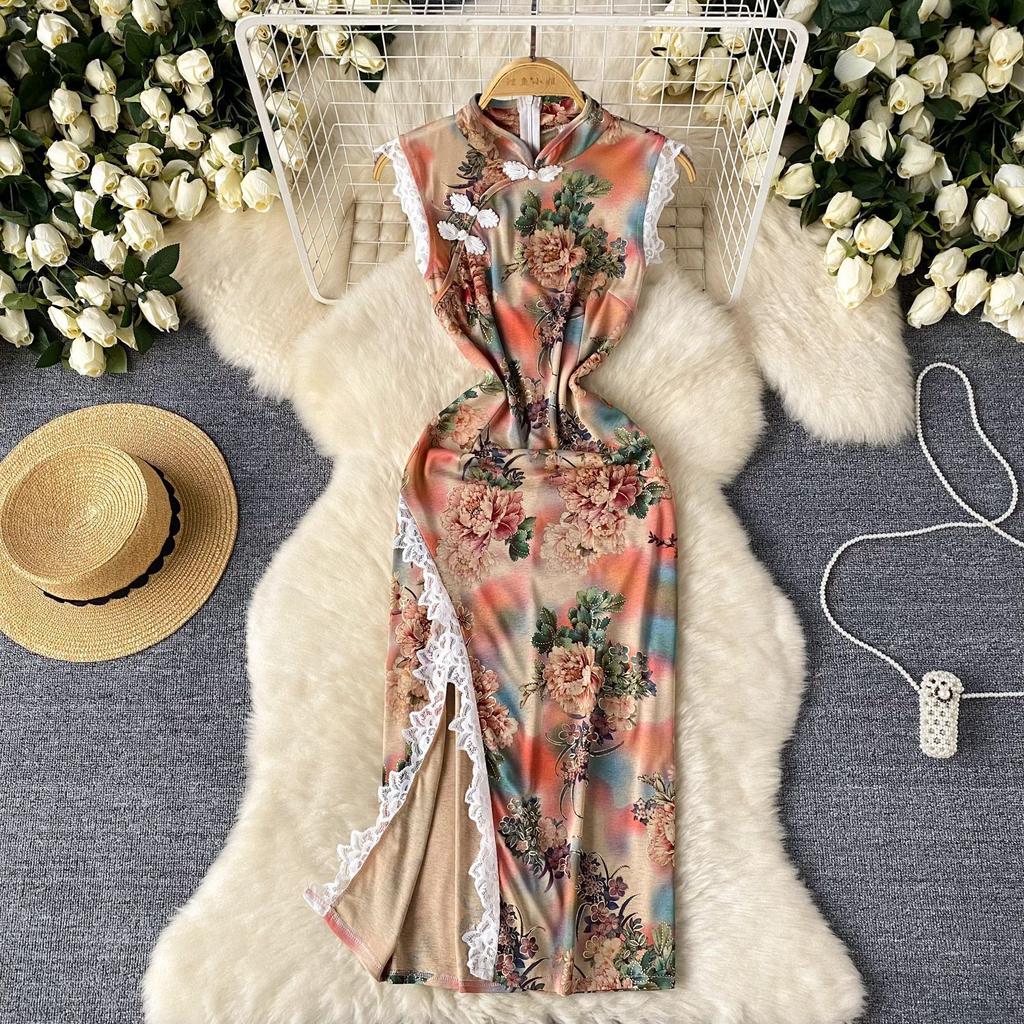 Женское платье без рукавов с кружевом и разрезом на пуговицах, тонкие платья Cheongsam с принтом