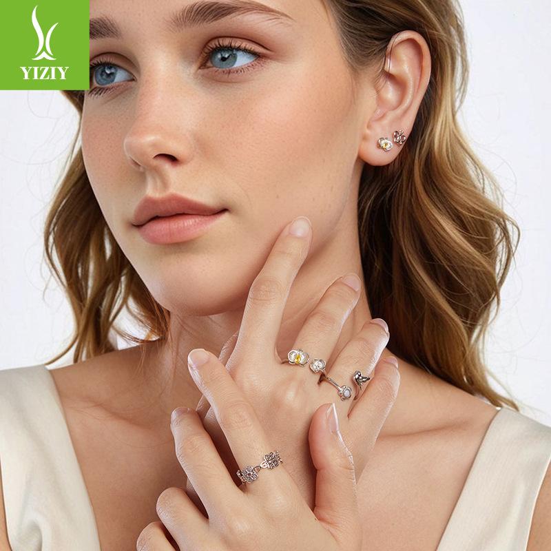 S925 Whole Body Sterling Silver Flower And Bird Open Ring, Versatile Small Exquisite Ring, Bright Silver Ins Style