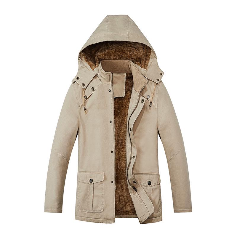 Мужское пальто Осень и Зима Мужская куртка Флис Утепленное Свободное С капюшоном Среднее и Длинное Тренч