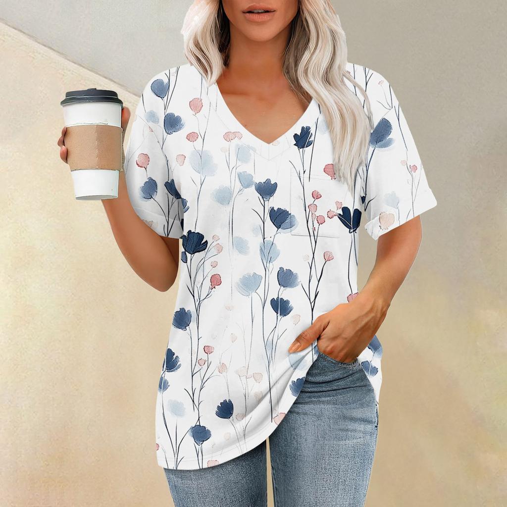 Women's Fashion Pocket V-neck Short Sleeve Plant Floral Print T-shirt Top