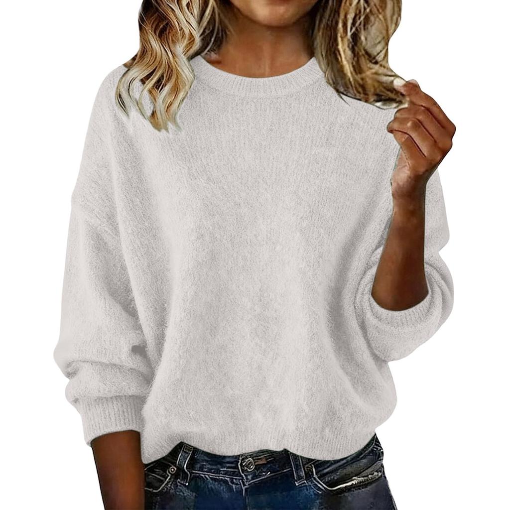 Women's Fashion Casual Loose Pullover Solid Color Round Neck Long Sleeve Knit Sweater