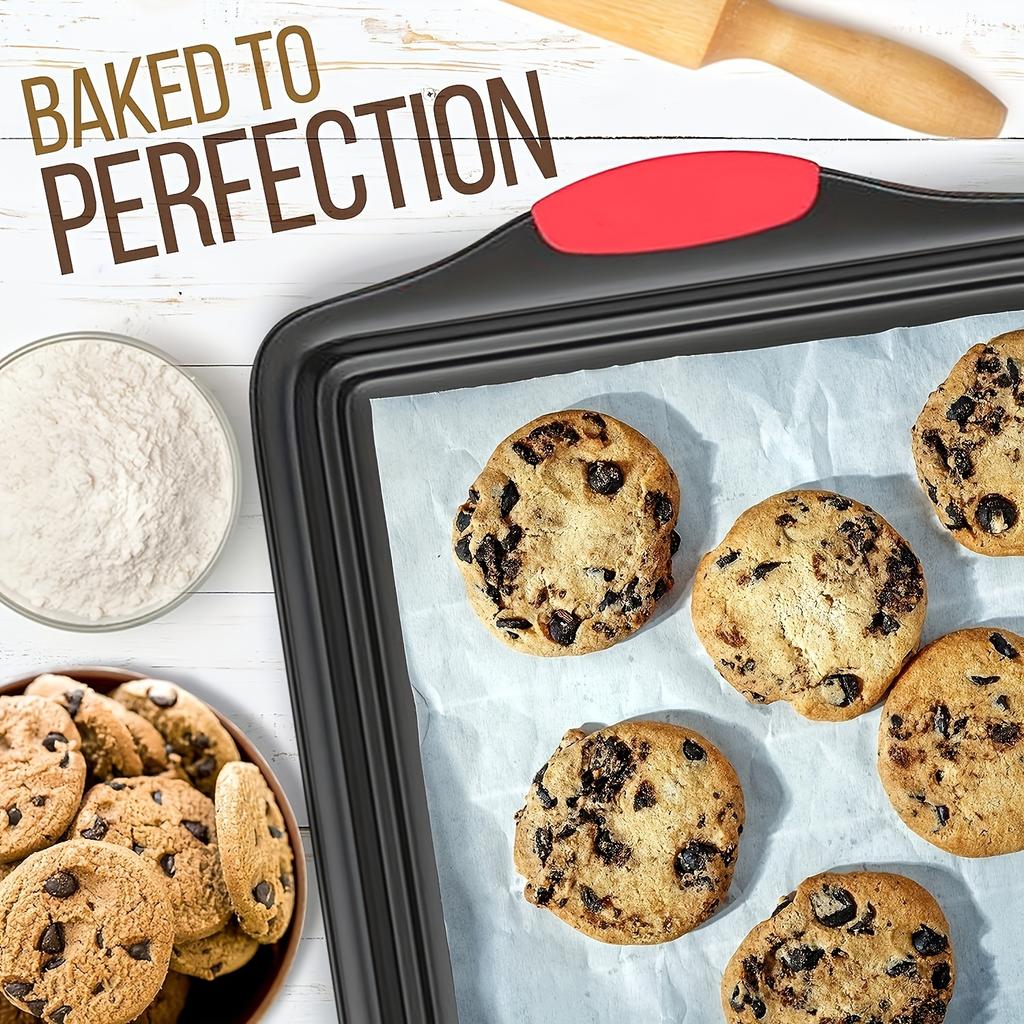 3-Piece Carbon Steel Baking Pan Set - Non-Stick Kitchen Oven Trays with Red Silicone Handles, Commercial-Grade Metal Bakeware