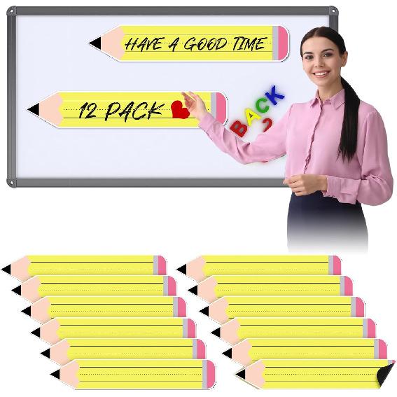 Ireer 12 Pack Pencil Shaped Magnetic Dry Erase Sentence Strips Teachers Magnetic Border Strips for whiteboard Classroom