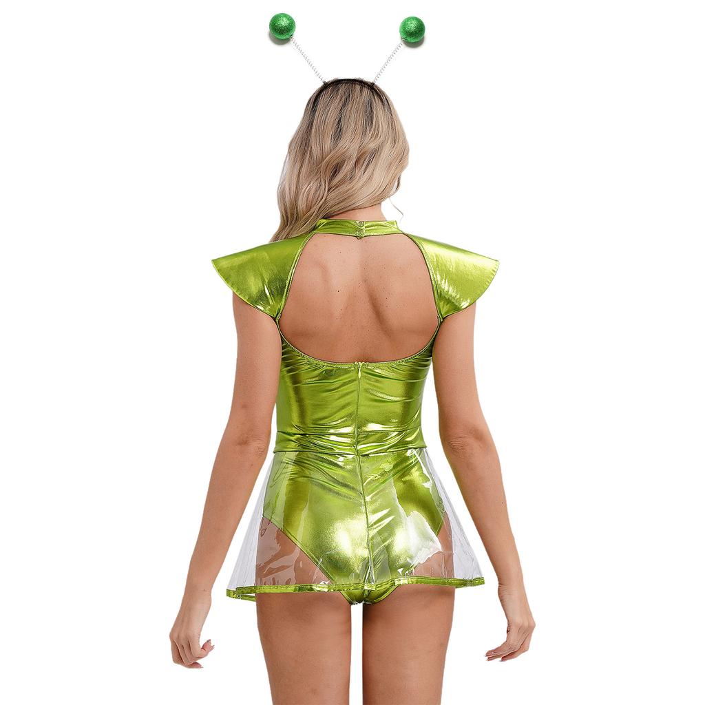 Womens Space Alien Cosplay Costume Fly Sleeve Cutout Briefs Bottom One Piece Bodysuit with PVC Skirt Hair Hoop Headband