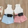Little Girls Three-Piece Outfits, Solid Color Sleeveless Ribbed Stand-Up Collar Tops + Belted Short Pants + Small Waist Pack