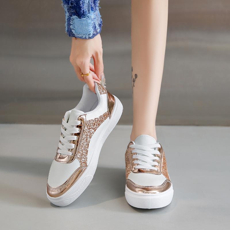 Women Sequin Casual Walking Shoes Autumn Flat Lace Up High Quality Sneakers Fashion Flat-Bottomed Female Sneakers D385