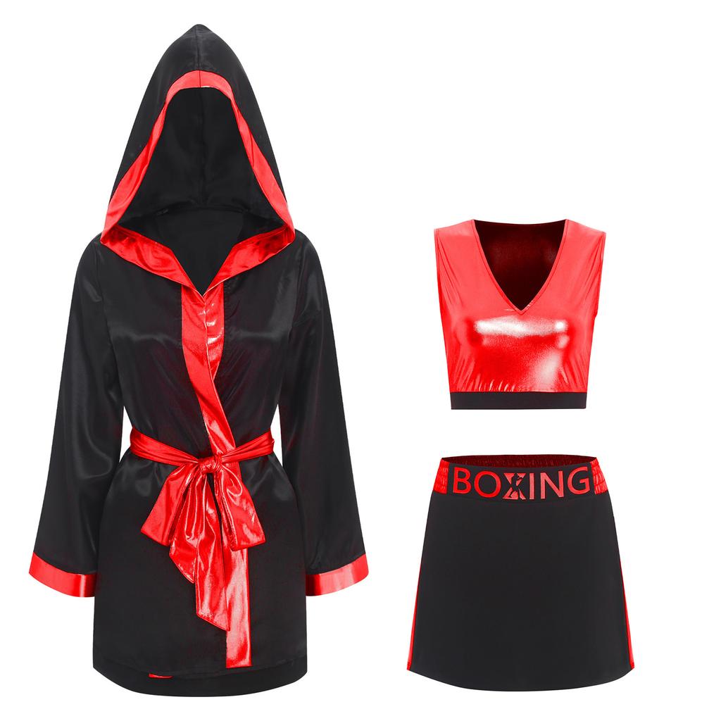 Womens Boxing Ring Outfit V Neck Tank Top Skirt Hooded Coverup Belt Halloween Cosplay Costume Set