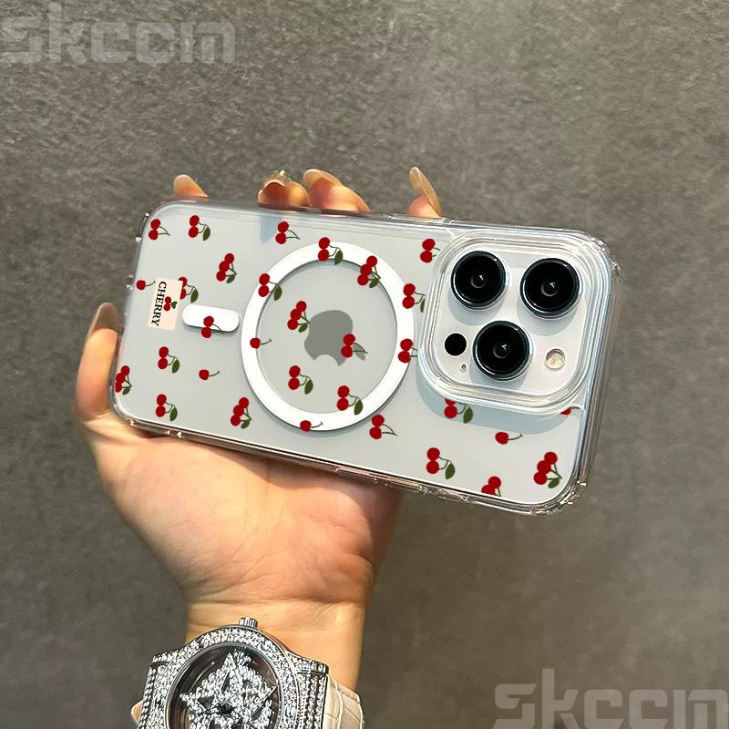 For Magsafe Wireless Charger Case For Samsung Galaxy S25 S24 S23 Ultra S22 Plus S21 FE S20 Cute Cherry Print Phone Cover