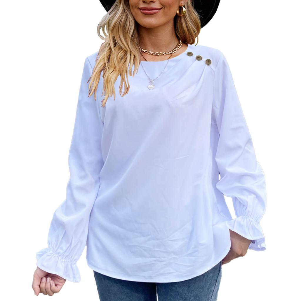 GMXIA Женская осенняя футболка с круглым вырезом и длинными рукавами, однотонная, на пуговицах, свободный женский топ