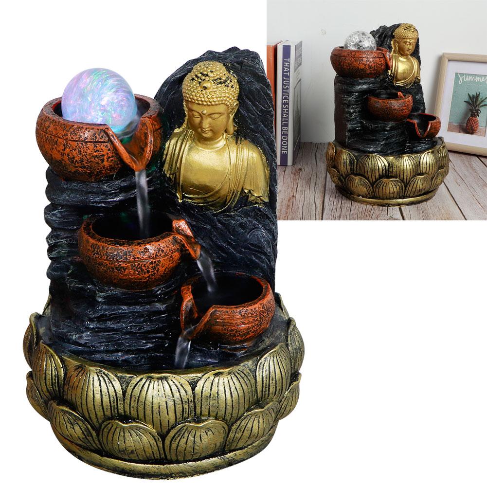 Настольная статуя Будды, фонтан, текущая вода, украшение с подсветкой и шариками из смолы, пейзаж
