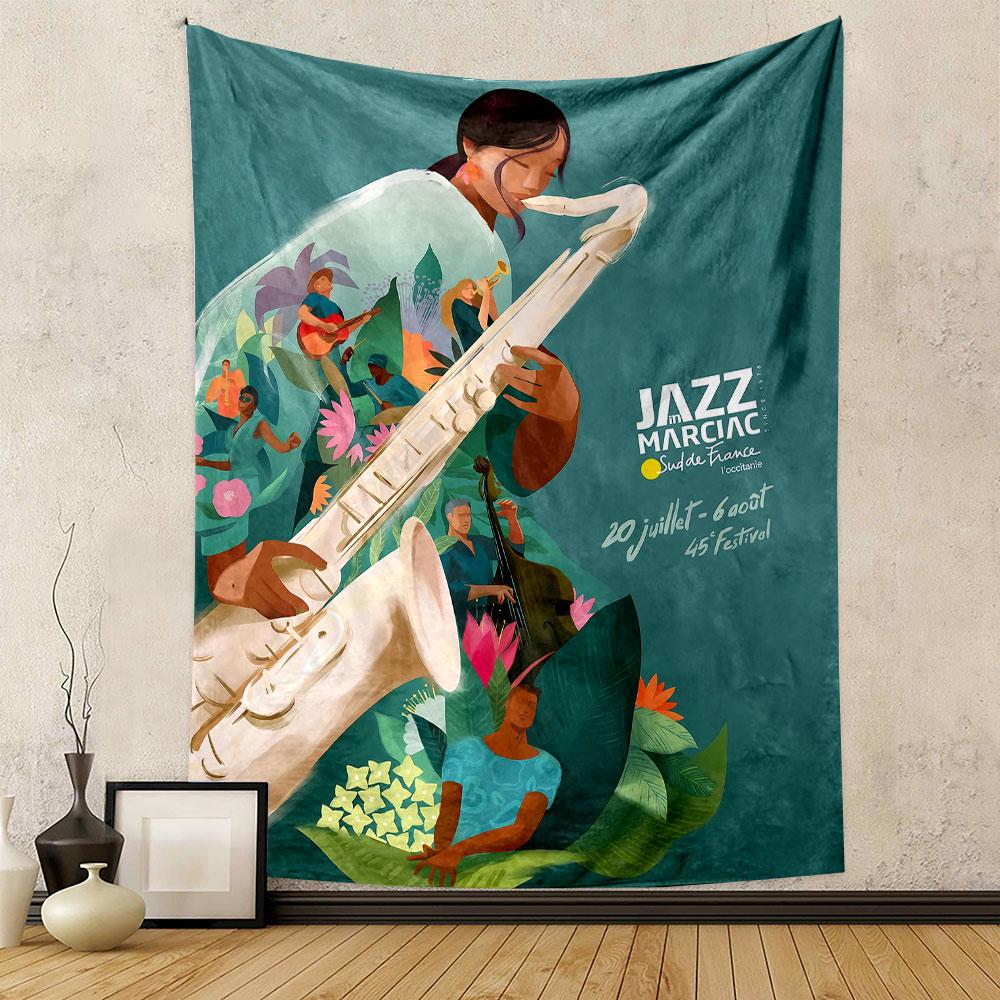 A woman playing a saxophone surrounded by vibrant floral and music motifs. Patterned tapestry for bedroom and living room home decor