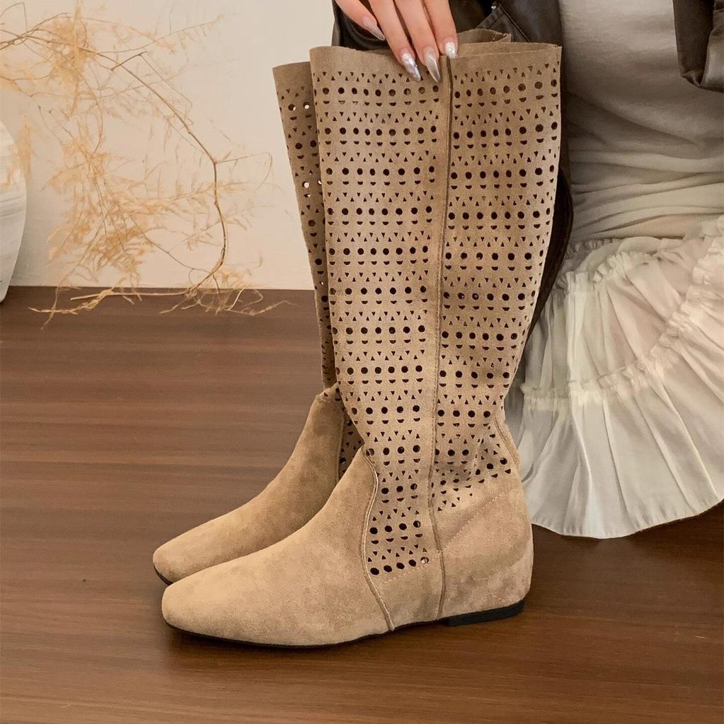 4CM Inner Height Increase~ Retro Spice Girl Maillard Hollow Boots Women's Autumn Breathable Non-slip Millennial Wind Thin Boots