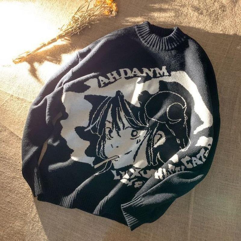 Женские свитера, аниме, вязаный свитер с рукавами, повседневный свитер с принтом, свободный пуловер, готический