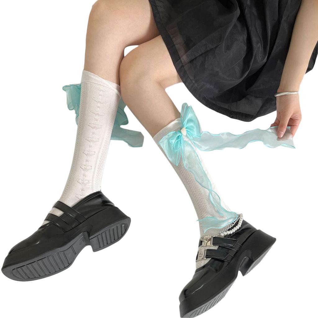 Женские носки до колена с лентами и бантами, чулки с ажурными бантами, длинные сетчатые носки в балетном стиле для лета