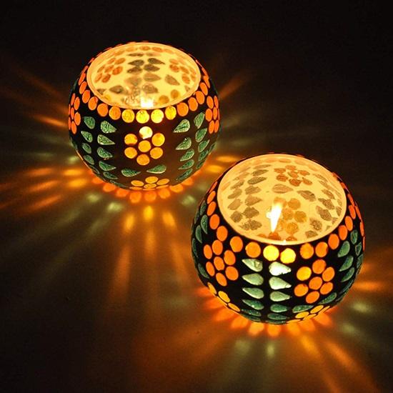 Pack of 4 Turkish Mosaic Glass Votive Tealight Candle Holders for Table Top Christmas Decorations Items for Home Decor Office Xmas Gift