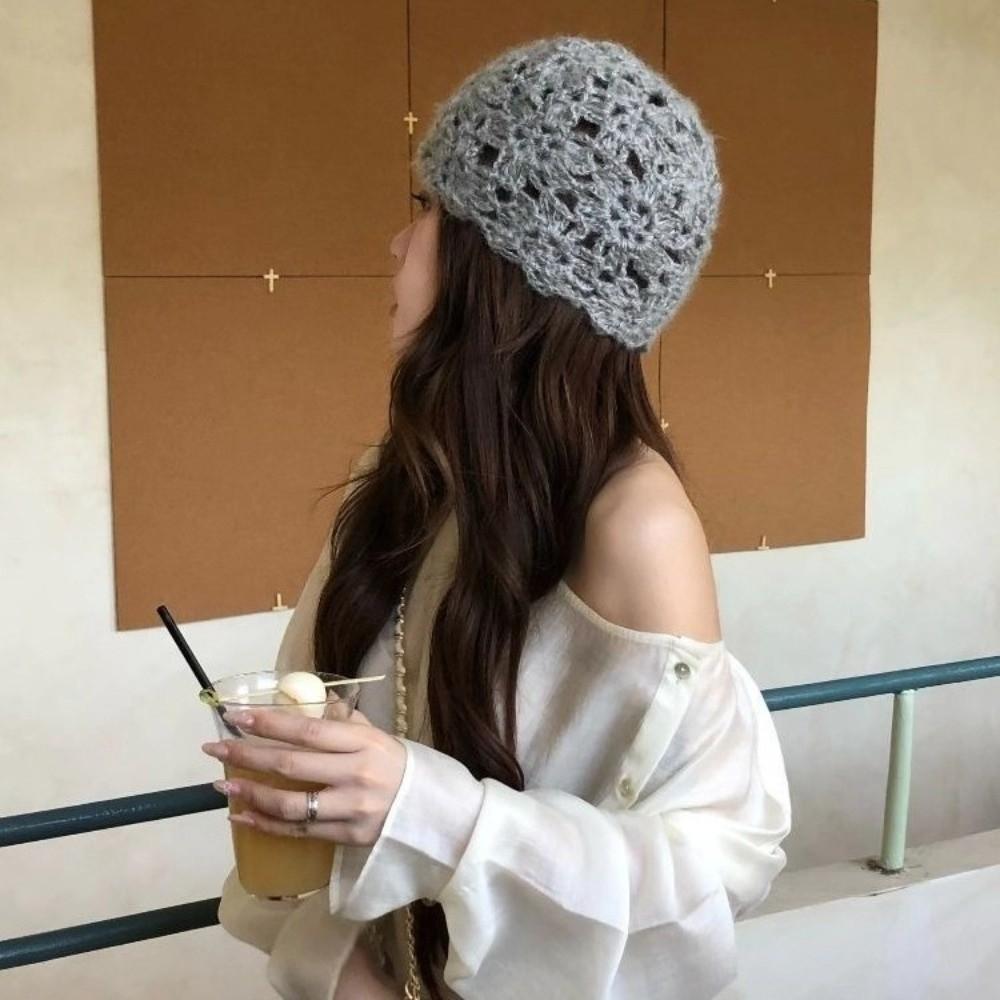 Handmade Crochet Flower Hat Solid Color Beanies Cap Casual Knitted Pullover Hat  Girls