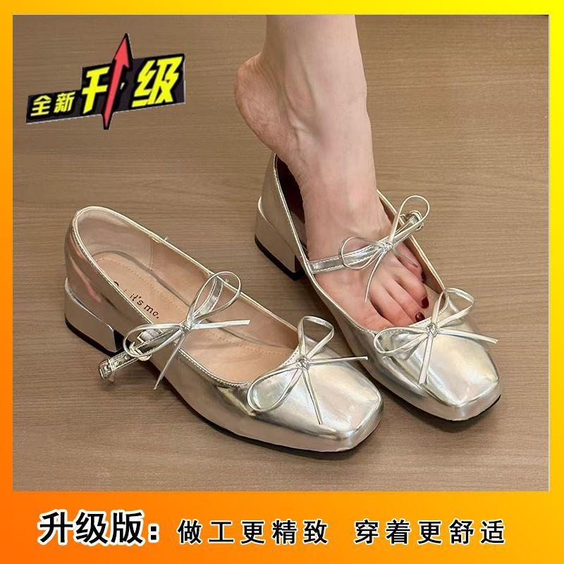 Одно слово в сказочном стиле с юбкой туфли Мэри Джейн квадратный носок бант французский ретро серебристый толстый каблук одинарные туфли