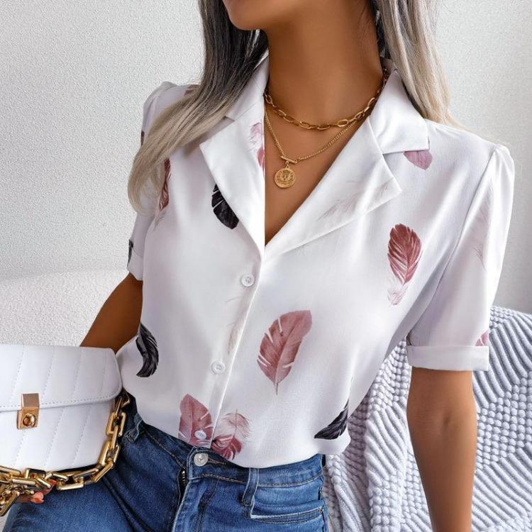 Women's Summer Casual Loose Feather Collar Short Sleeve Blouse Top All Match Shirt Suit
