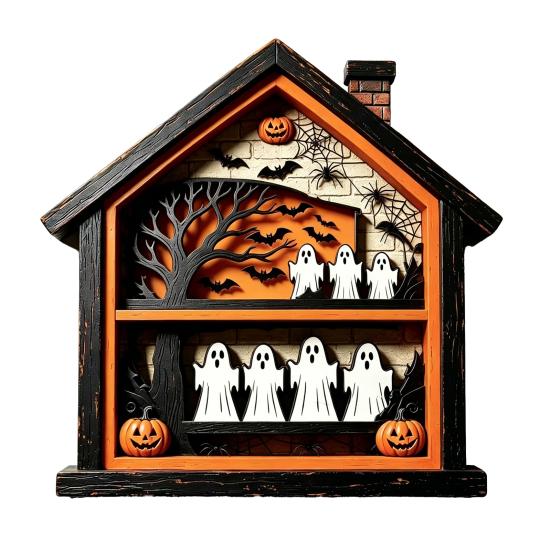 Halloween Wooden Table Sign Ghost Skeleton Block Spooky House Shape Sign Rustic Farmhouse