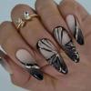 Detachable Fake Nials Purple Flowers DIY Blak Butterfly French White Edge False Nails Long Almond