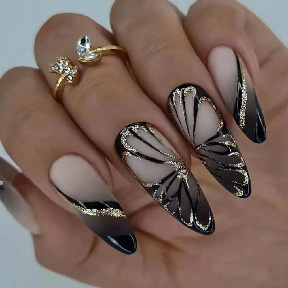Manicure Fake Nials DIY Press On Nails False Nails French White Edge Blak Butterfly Long Almond