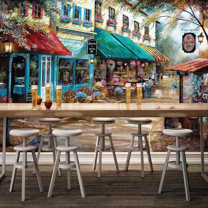 3D обои Ретро ручная роспись в европейском стиле Уличное здание Ресторан Кафе Фреска Фон Настенный декор Фреска