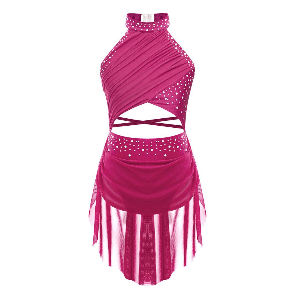 Kids Girls Lyrical Dance Performance Costume Figure Skating Ballet Gymnastics Leotard Dress Sleeveless Rhinestone Dancewear