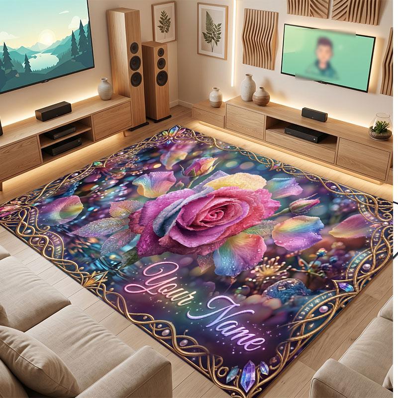 Floral Garden Theme Crystal Velvet Floor Rug Personalized Custom Name Text Warm Carpet Home Decoration