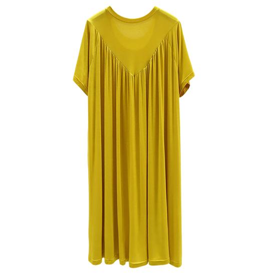 Женское летнее платье, плиссированное сплошное цветное платье с круглым вырезом и короткими рукавами, тонкий свободный пуловер длиной до колена, повседневная повседневная одежда, женское платье миди