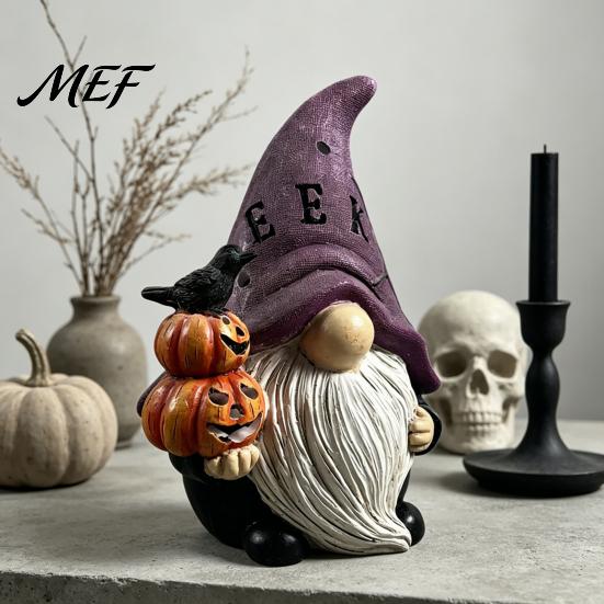 Purple And Orange Home Decor Halloween Gnome Statue, EEK BOO Resin Elf Dwarf Figurine with Pumpkin Hand Painted Holiday Statues Crow Skull,