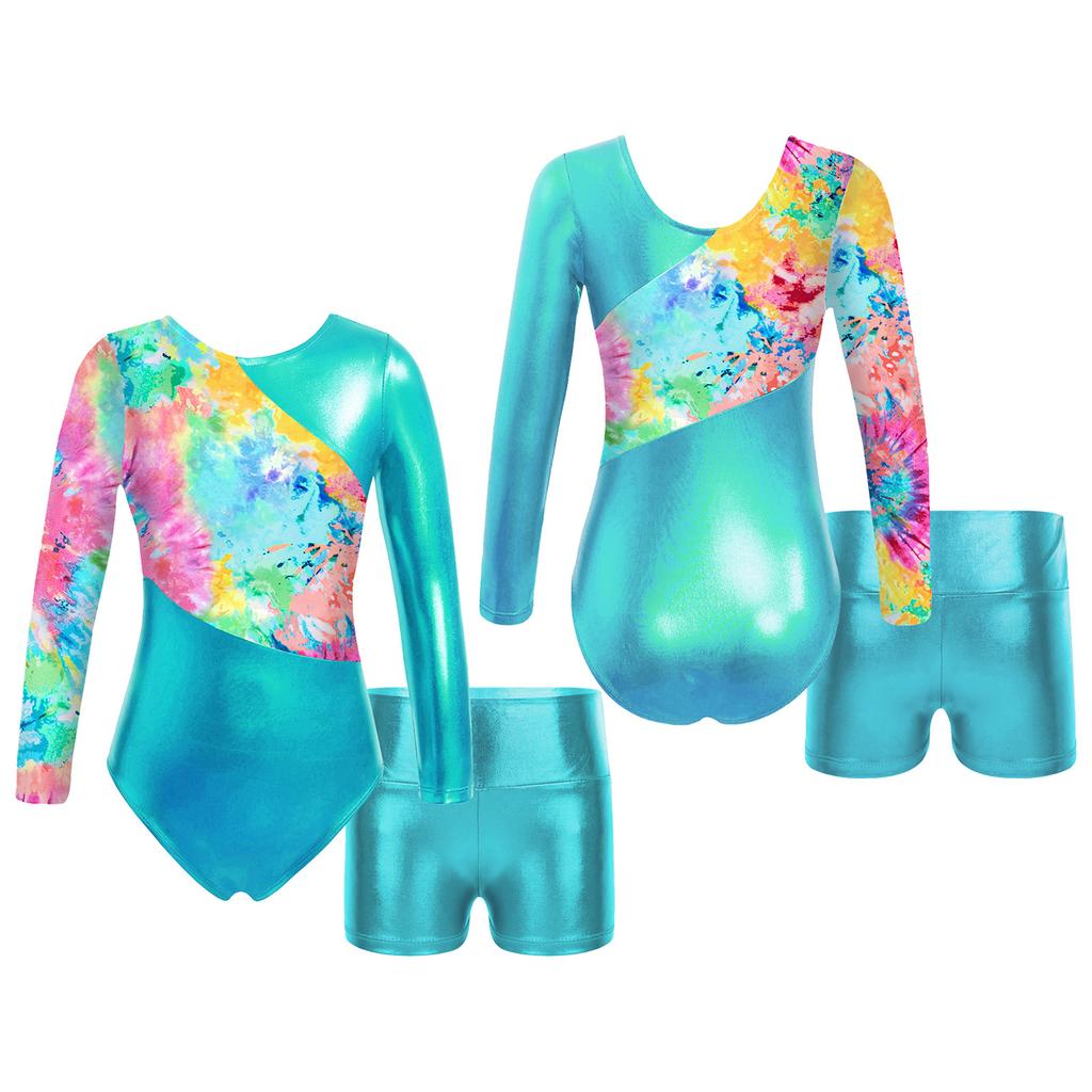 Детские комплекты танцевальной одежды для девочек из 2 предметов, цельный купальник с длинными рукавами, спортивные шорты для гимнастики