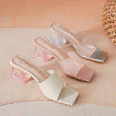 Модные новые дизайнерские розовые прозрачные тапочки женские туфли-слайды на высоком каблуке плексигласовые на толстом каблуке сандалии женские хрустальные шлепанцы