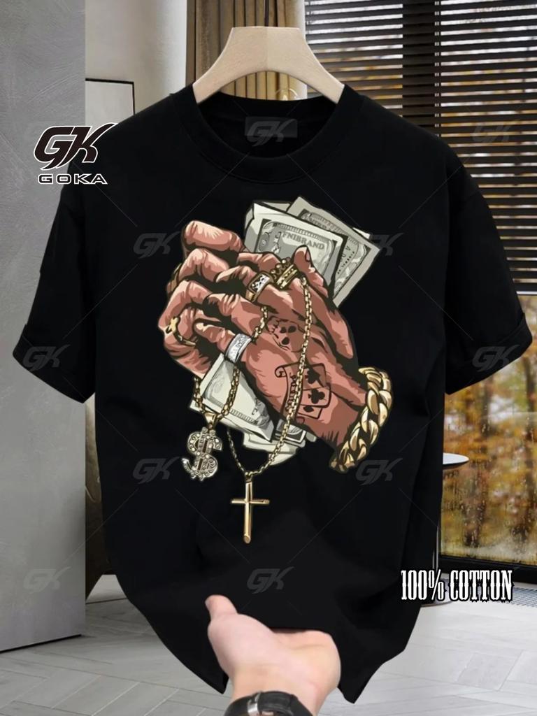 Taste Fun Print with Banknotes in Hand 100 Cotton Trendy Brand Crew Neck Short Sleeve Loose Large Size and Versatile Tshirt
