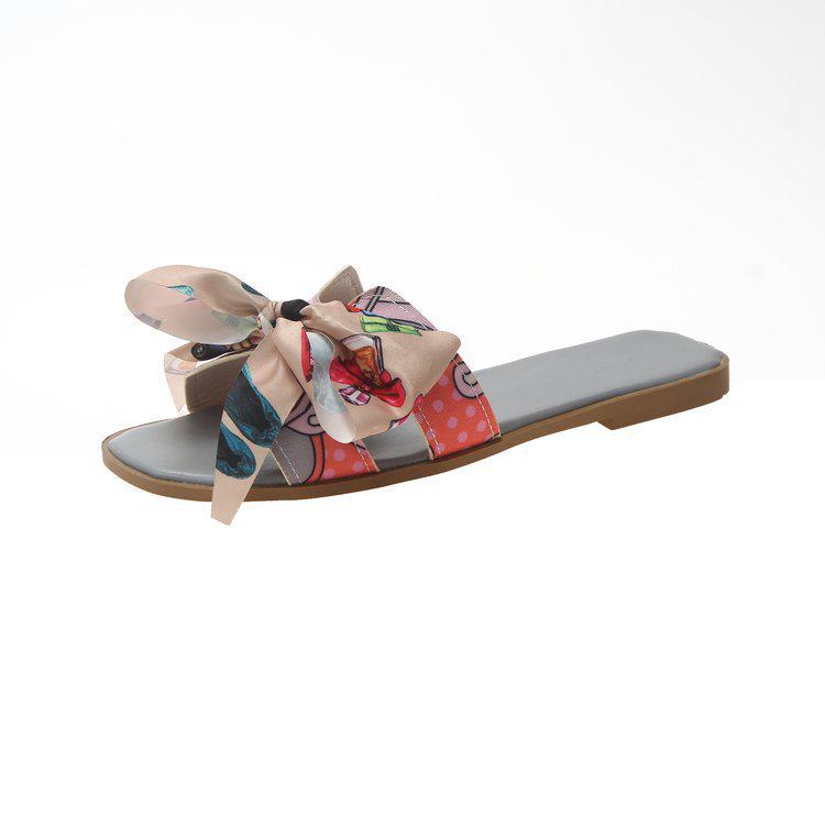 Тапочки с цветной лентой и бантом на плоской подошве, летняя женская новая верхняя одежда с цветочным принтом