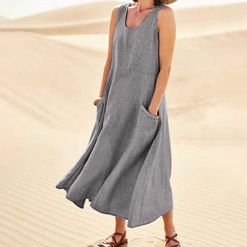 Women's Fashion Casual Solid Colour Sleeveless Cotton Linen Pocket Dress