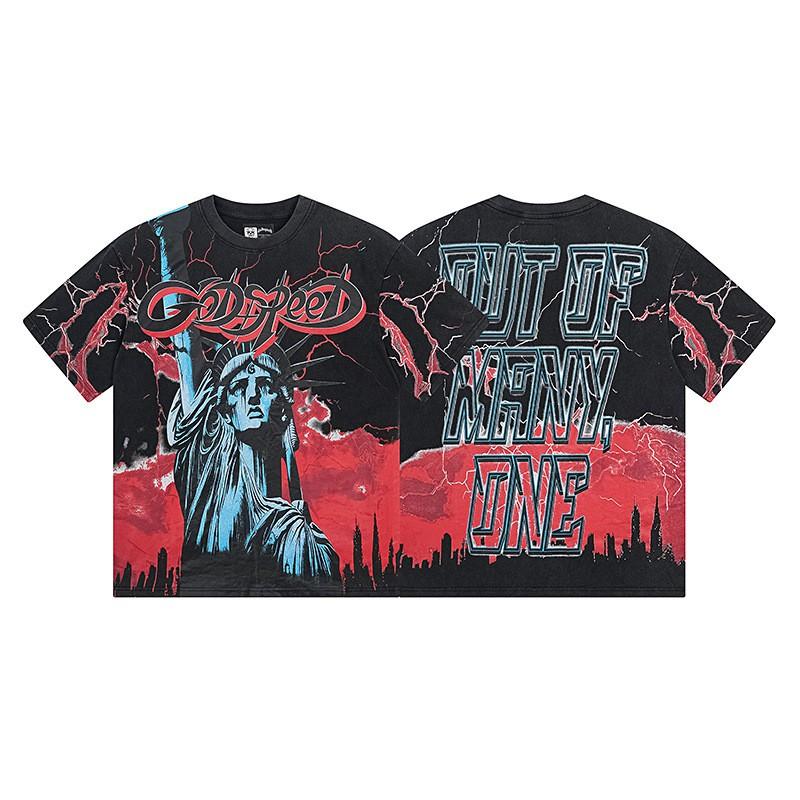 Premium Cotton Oversized Graphic Tee Men Women Skull Letter Print Washed Vintage Style Loose Fit Casual T-Shirt