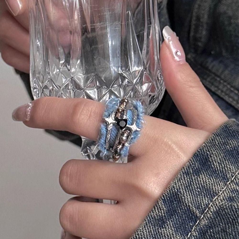 Heart Y2K Opening Rings Three Layer Metal Beaded Rings Fashion Denim Rings Women