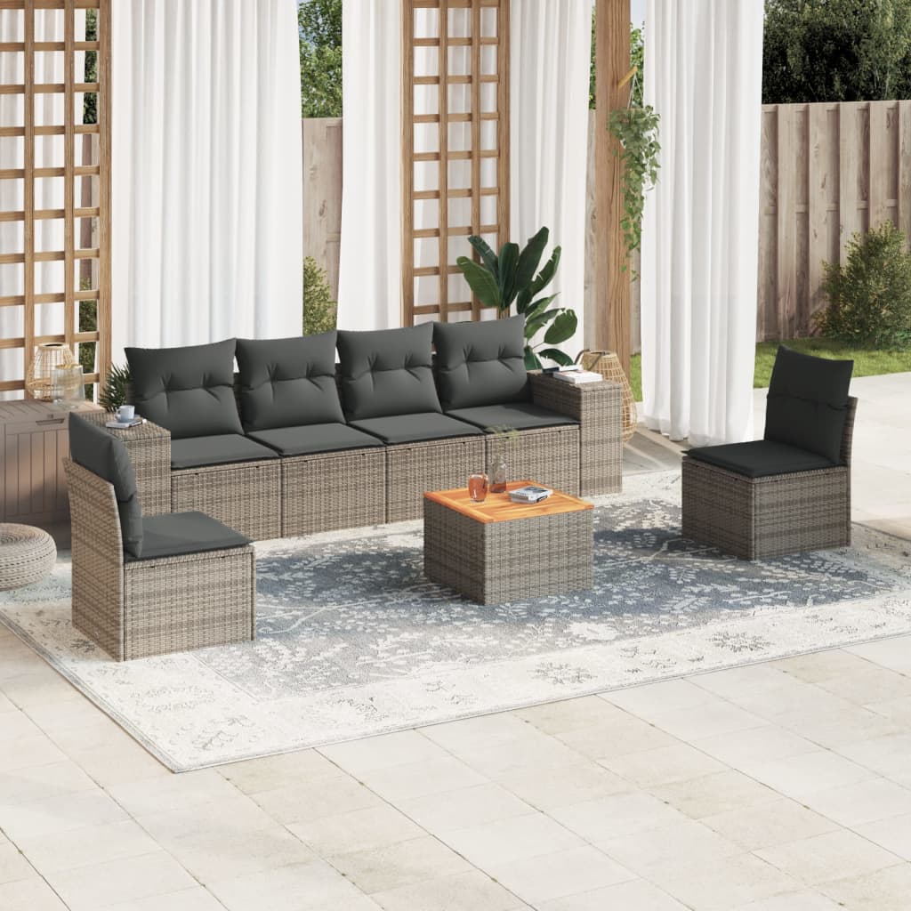 7 Piece Garden Sofa Set with Cushions Gray Poly Rattan