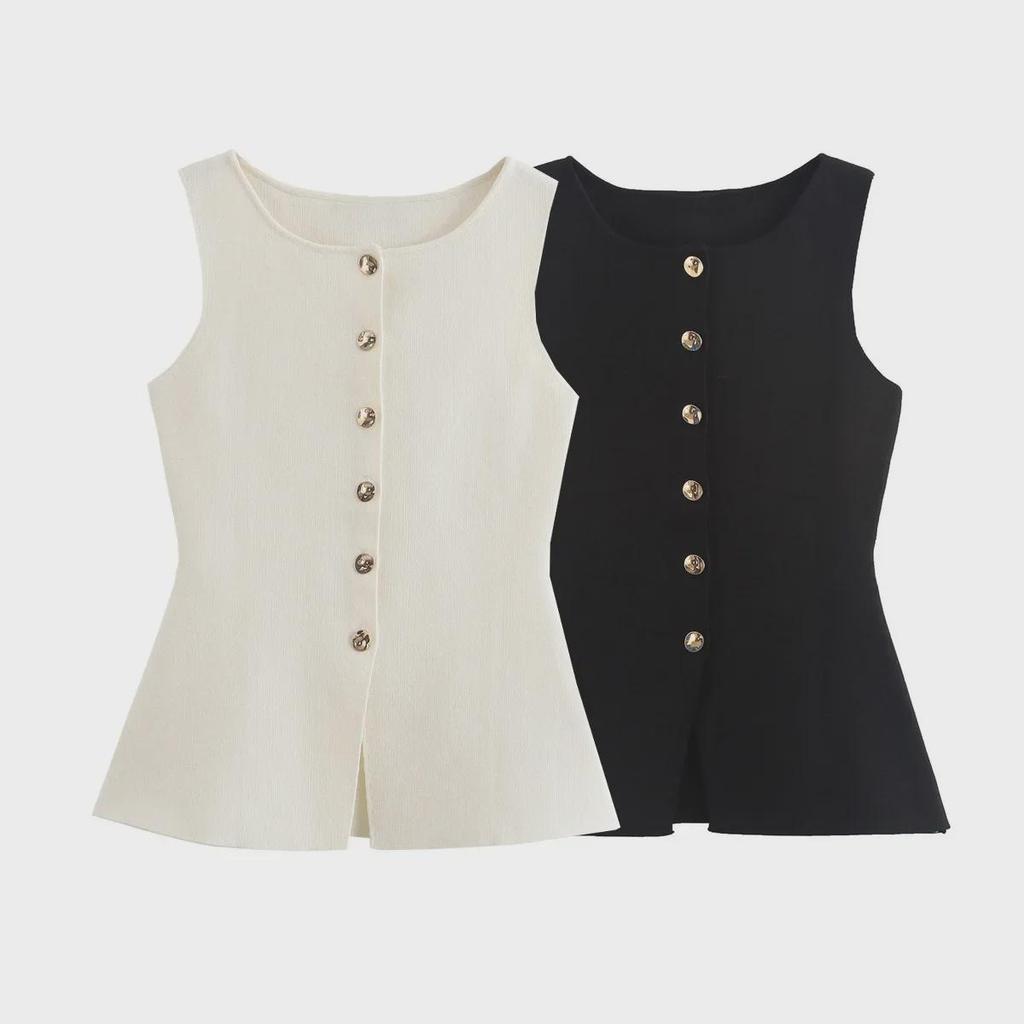 European & American Women's Fashion 2024 Gold Button Flat Stitch Vest Top