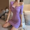 Женское винтажное мини-платье, сексуальное облегающее платье с квадратным воротником и коротким рукавом, однотонная клубная одежда, Vestidos
