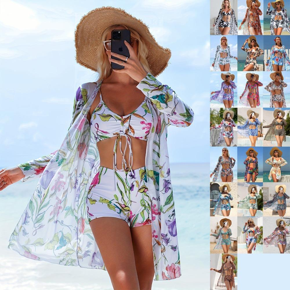 Женский трехсекционный комплект бикини с шортами-бойфрендами, модный купальник с бантом и пляжным парео